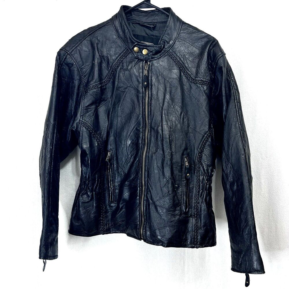 DIAMOND PLATE Leather Jacket Coat Womens M Black Motorcycle Biker Lined Full Zip